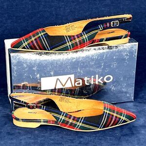 Matiko Lori Slingback Flats Green Tartan Women’s 7.5 / EU 38 Pointed Toe NIB